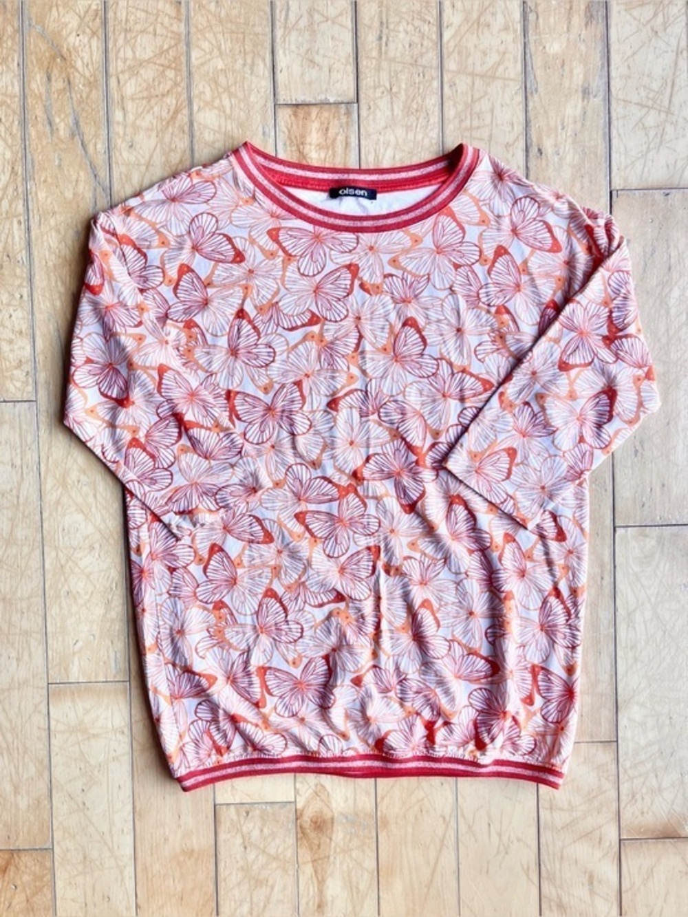 Olsen Butterfly Print Orange White Casual Boho 3/4 Sleeve Top Size Medium
